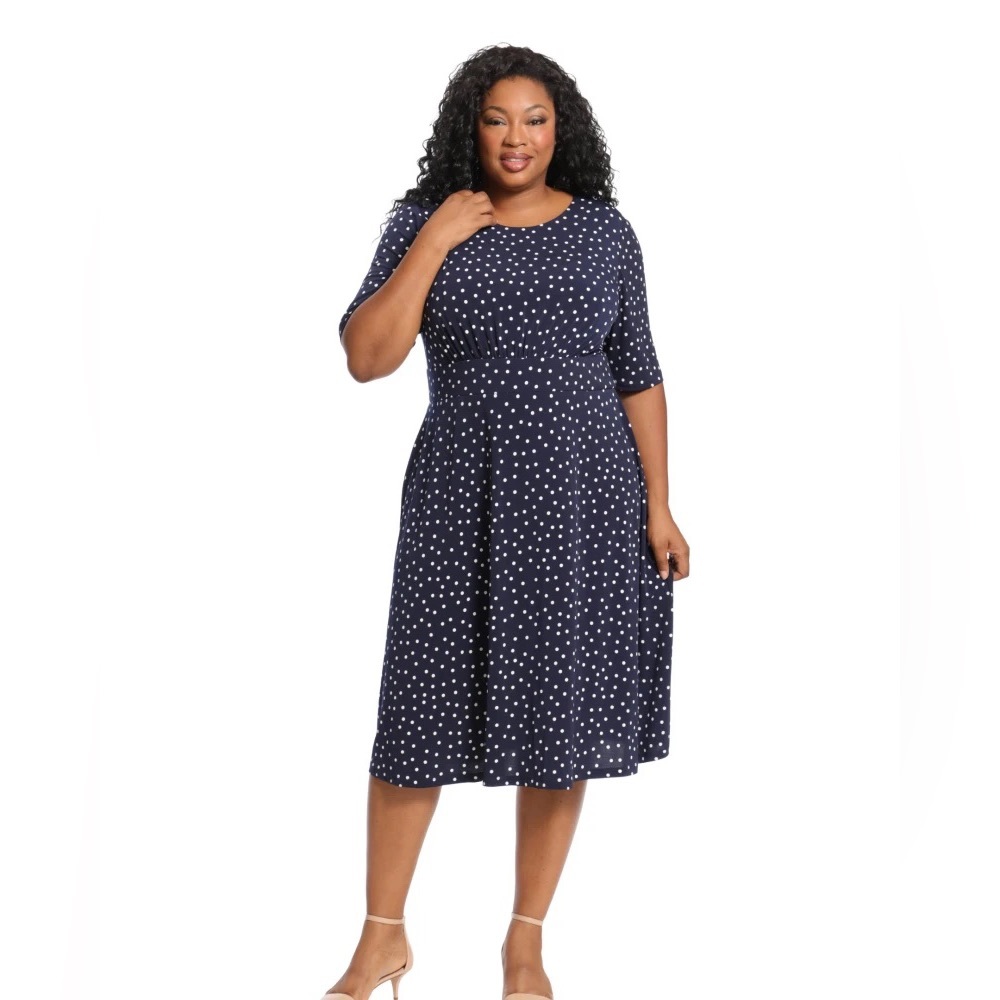 Blue Polka Dot Dress - Fiona Three-Quarter Sleeve Midi Dress